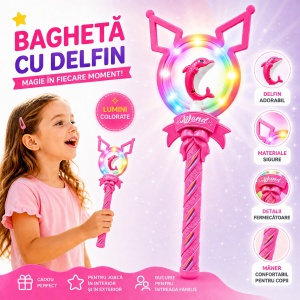 Baghetă magică cu lumini și delfin, roz, 42 cm – jucărie copii cu efecte luminoase - Img 3