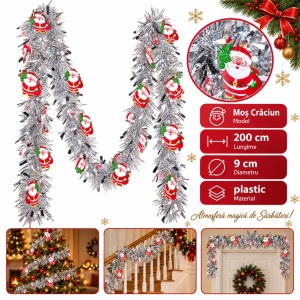 Beteală de Crăciun cu Moș Crăciun, argintie, 200 cm x 9 cm, plastic