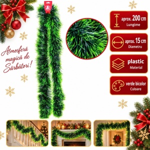 Beteală de Crăciun pentru brad, verde bicolor, plastic, lungime 200 cm, diametru 15 cm