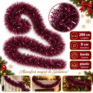 Beteală de Crăciun pufoasă, culoare bordo, plastic metalizat, diametru 9 cm, lungime 2 m