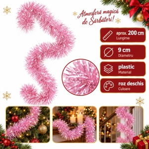 Beteală de Crăciun roz deschis, fir dens ondulat, diametru 9 cm, lungime 2 m