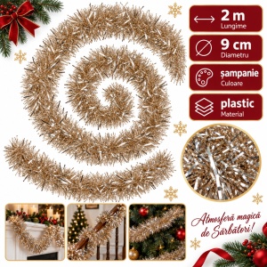 Beteală de Crăciun șampanie, plastic metalizat, diametru 9 cm, lungime 2 m