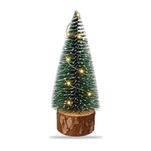 Brăduț decorativ cu LED, bază din lemn natural, verde cu vârfuri albe, 15x6cm
