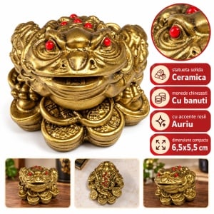 Broasca Feng Shui cu bănuți, statueta decorativa din ceramică, auriu, 6,5x5,5 cm
