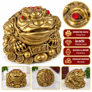 Broasca norocoasa feng shui din ceramica, pe monede chinezesti, auriu, 7 cm