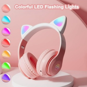 Căști wireless cu urechi de pisică și lumini LED, design ergonomic, roz - Img 2
