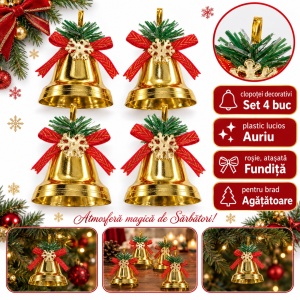 Clopoței decorativi de Crăciun, set 4 bucăți, plastic auriu, fundiță roșie, ambalaj 20 x 15 cm