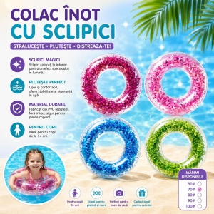 Colac Gonflabil cu Sclipici 80 cm – Roz Deschis, Inel de Înot pentru Copii și Adulți - Img 2