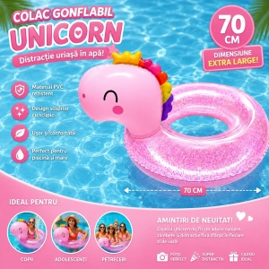Colac Gonflabil Unicorn Roz cu Sclipici, 70 cm – Colac de Înot pentru Piscină, Mare și Plajă - Img 2