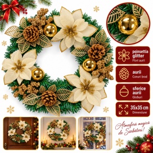 Coroniță de Crăciun artificială cu flori poinsettia, conuri și globuri aurii, 35x35 cm