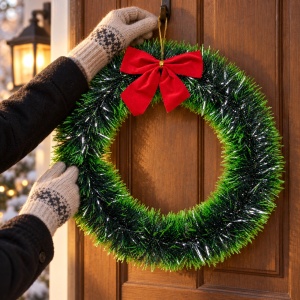 Coroniță de Crăciun cu fundă roșie catifelată, verde, decoratiune pentru ușă, 30cm - Img 3