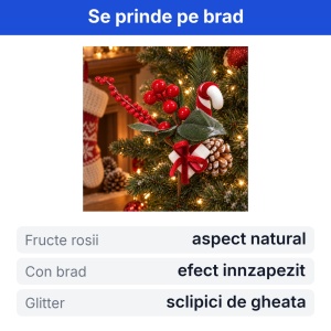 Crenguță decorativă de Crăciun cu fructe roșii, con de brad, baston și fundă catifea, 20cm - Img 2
