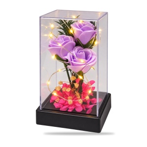 Cupolă cu trandafiri mov și LED, baterii AAA, suport negru, 20 cm înălțime, 13×6,5 cm - Img 2
