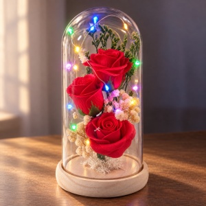 Cupolă cu trandafiri roșii și lumini LED multicolore, suport din lemn, 22 cm - Img 5
