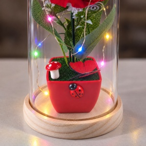 Cupolă decorativă cu trandafir roșu și leduri multicolore, suport din lemn, 20 cm - Img 6