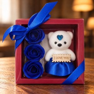 Decoratiune cadou cu 3 trandafiri din săpun și ursuleț I LOVE YOU, albastru, cu fundita, 20cm - Img 4