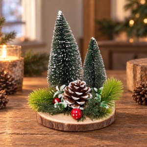 Decorațiune de Crăciun cu 2 brazi, con de pin și ciuperci, bază de lemn, 18 × 12,5 cm - Img 6