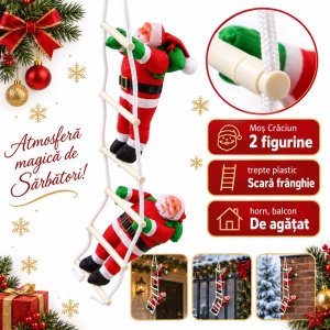 Decorațiune de Crăciun cu 2 Moș Crăciun pe scară, plastic și textil, 65 cm - Img 2