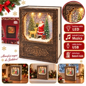 Decorațiune luminoasă și muzicală de Crăciun, model carte cu Moș Crăciun, maro, 20×16 cm