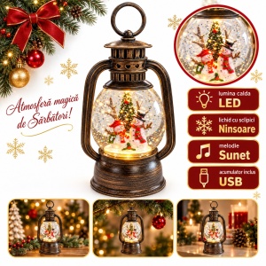 Felinar decorativ de Crăciun, cu lumini LED si muzica, 19x8 cm - Img 2