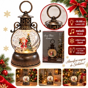 Felinar decorativ de Crăciun, cu lumini LED si muzica, 23x8 cm