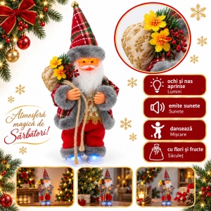 Figurină Moș Crăciun interactiv cu sunete, lumini și mișcări de dans, săculeț cu flori, 28x10 cm