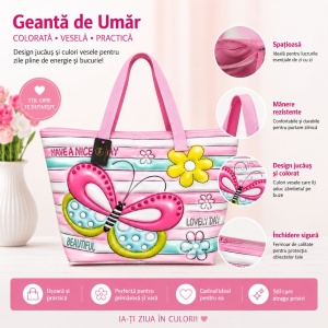 Geantă Mare de Plajă Colorată cu Fluture – Geantă de Umăr Spațioasă și Practică - Img 2