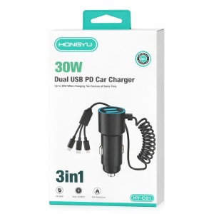 Încărcător auto Hongyu HY-C01 30W PD Dual USB cu cablu 3-în-1 integrat, încărcare rapidă 3.0A - Img 3