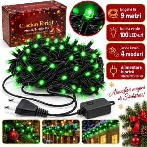Instalatie de Craciun, 9 m, 100 LED-uri, lumina verde, 4 moduri, fir negru, Interior/Exterior