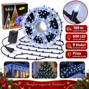 Instalație de Crăciun LED tip rolă, 100 m, 600 LED-uri, alb rece, fir negru, 8 moduri - Img 4
