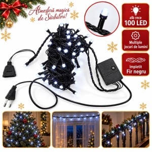 Instalatie LED tip Liniara, 100 LED, Fir Negru, Lumina Alba Rece, Interconectabila