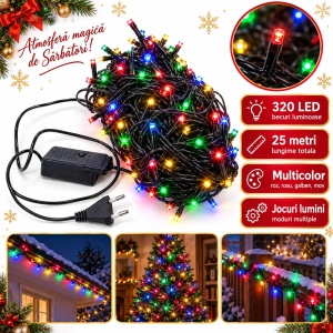 Instalatie LED tip Liniara, 320 LED, 25 m, Fir Negru, Multicolor, cu Jocuri de Lumini - Img 2