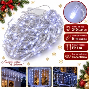 Instalație LED tip ploaie, 240 LED, 6 m, alb rece, interconectabilă, fir alb - Img 2