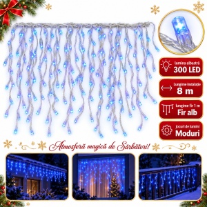 Instalație LED tip ploaie, 300 LED-uri albastre, 8 m, fir alb, multiple jocuri de lumini