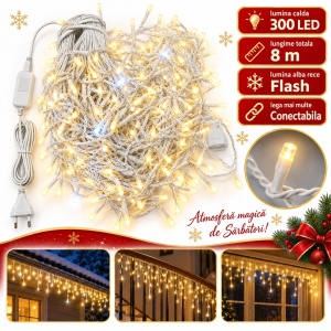Instalatie LED tip turturi, 300 LED-uri, 8 m, alb-galben cu flash, interconectabila - Img 2