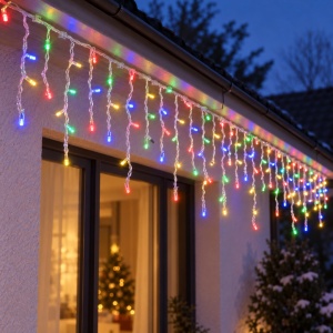 Instalatie luminoasa de Craciun tip turturi, 300 LED, multicolor, 13m, fir alb - Img 2