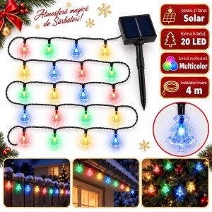 Instalatie Solara de Craciun, 4 m, 20 LED Multicolor in forma de Bradut , Fir Negru