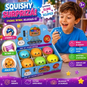 Jucărie Antistres Squishy Dumpling cu Gel și Sclipici, 8.5 cm, Model Aleatoriu, Moale și Elastică