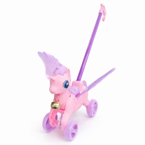 Jucarie de impins unicorn cu roti, aripi si clopotel, roz-mov
