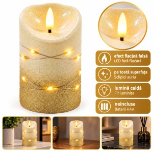Lumânare decorativă LED cu efect flacără, sclipici auriu, plastic, 15x9 cm