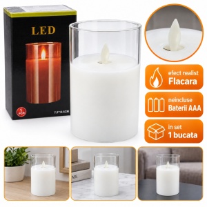 Lumânare LED decorativă cu efect flacără realistă, plastic, 7,5x12,5 cm, baterii AAA