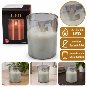 Lumânare LED decorativă în pahar din sticlă fumurie, efect flacără, 7,5x10 cm