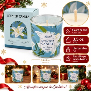 Lumânare parfumată de Crăciun, din soia, aroma florala, în recipient de sticlă turcoaz, 100g