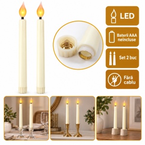 Lumânări LED conice, set 2 bucăți, pe baterii, culoare fildeș, efect flacără realist, 25cm