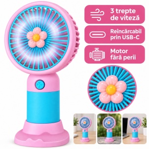 Mini ventilator de mână, reîncărcabil USB-C, 3 trepte de viteză, model floare, roz și turcoaz - Img 6