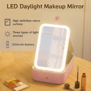 Oglinda cosmetica LED cu organizator bijuterii si cosmetice, 3 moduri lumina, reincarcabila, roz
