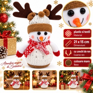 Om de zăpadă decorativ de Crăciun, cu coarne de ren, plastic și material textil, 21x15 cm - Img 2