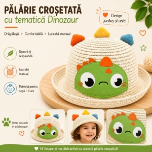 Palarie copii cu dinozaur verde, crosetata manual, model crem, bumbac - Img 2