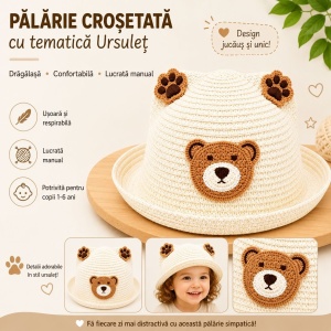 Palarie crem copii cu ursulet maro, crosetata manual, bumbac, model dragut - Img 2