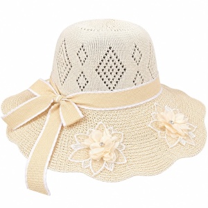 Pălărie de Plajă Crem cu Flori Decorative și Fundă Elegantă - Img 2